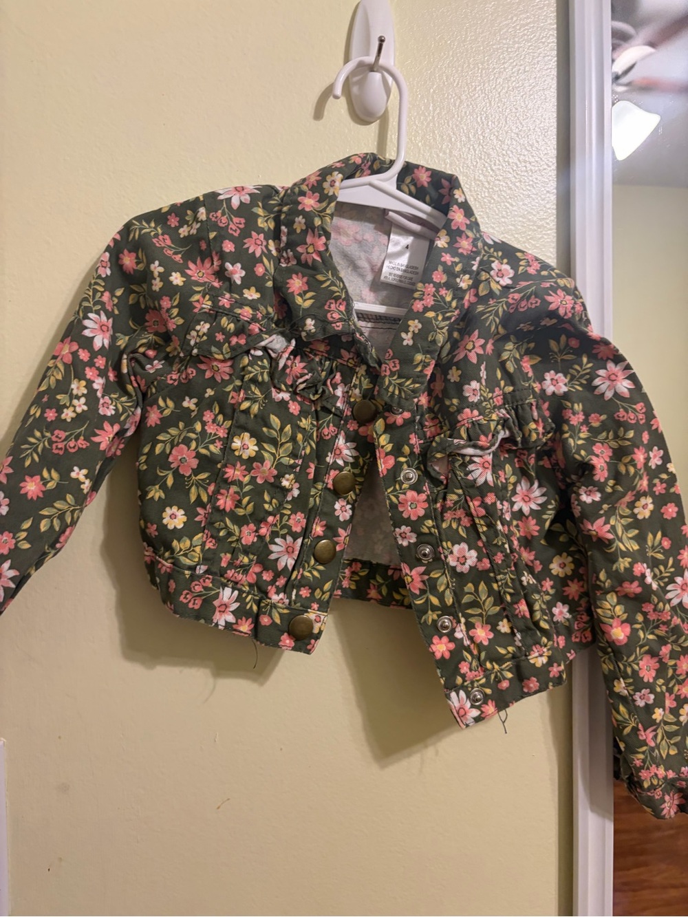 Little Lass Green Floral Cropped Jean Jacket with Pink Blossoms